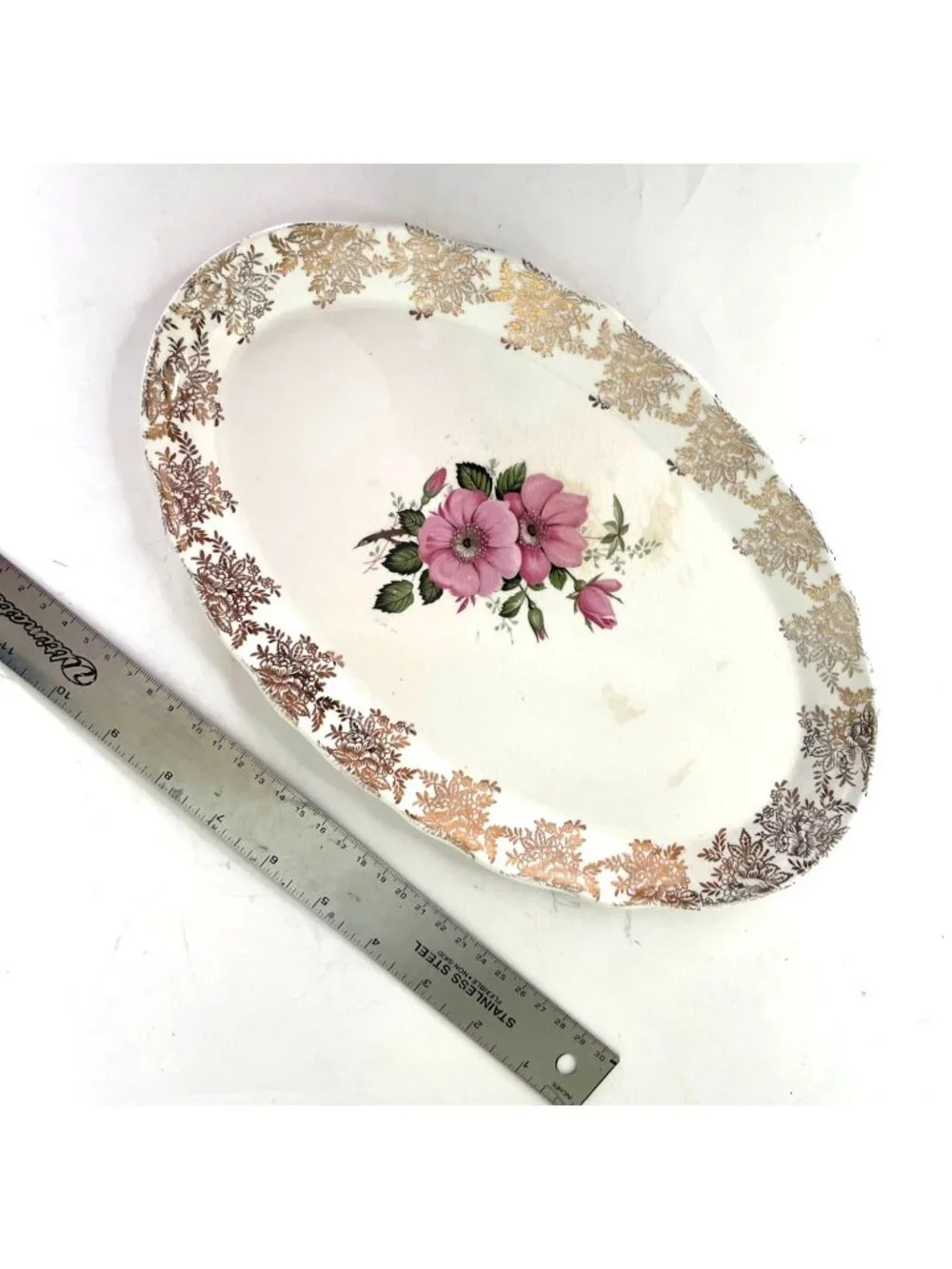 Vintage 1954 Lord Nelson Pottery Oval Platter Rose and Gold Chintz Pattern 12.25